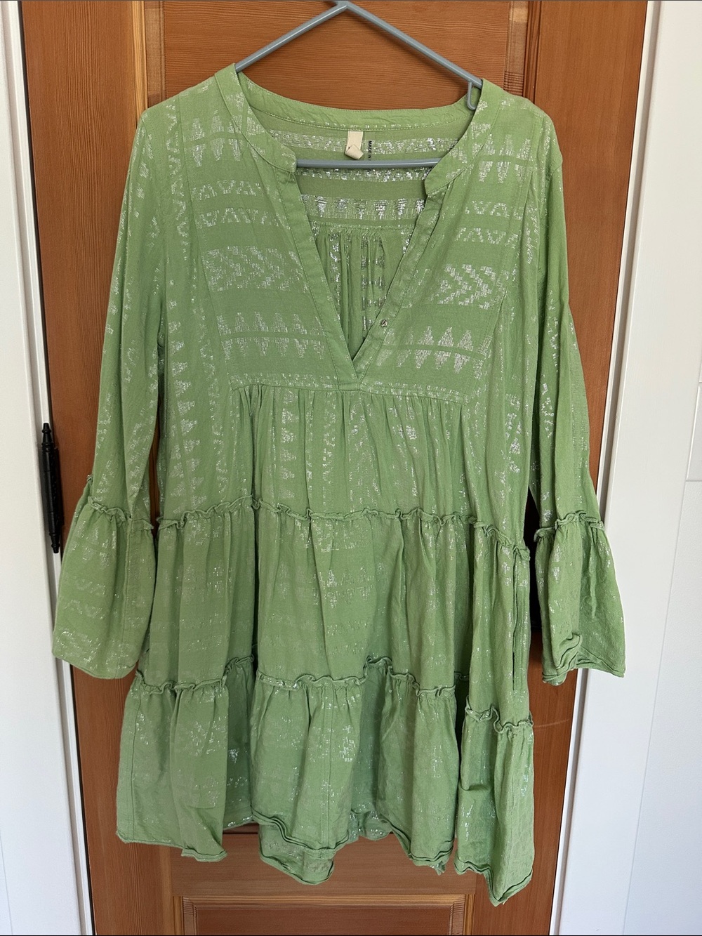 Elan Sage Green Metallic-Print Tiered V-Neck Tunic dress